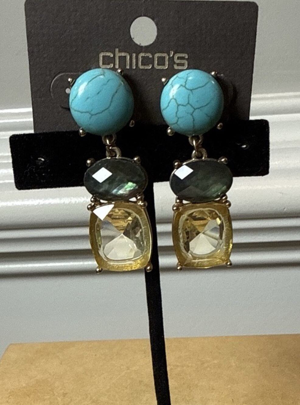 NWT Chico’s Turquoise Green Yellow Statement Drop Earrings Gold Tone Pierced